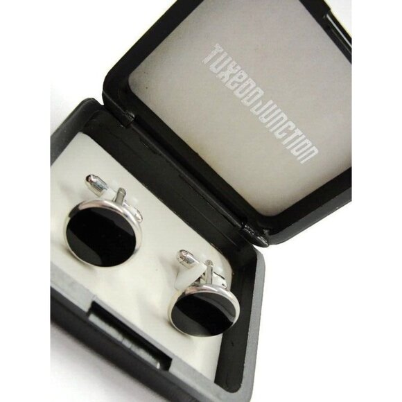 Tuxedo Junction Round Cufflinks Black & Silver Tone New IOB - Picture 1 of 10
